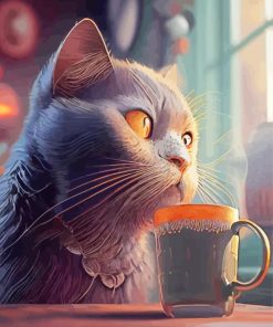 Cat With Tea Art Diamond Painting