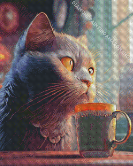 Cat With Tea Art Diamond Painting
