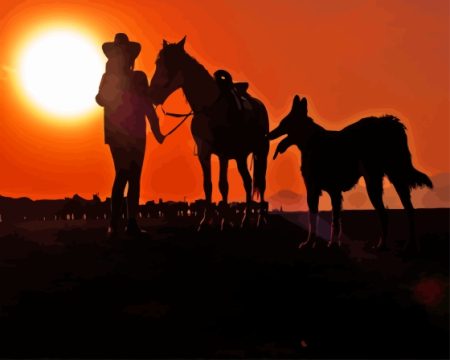 Girl With Horse And Dog Silhouette Diamond Painting