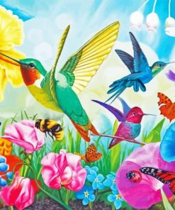 Butterflies And Hummingbirds On Flowers Diamond Painting