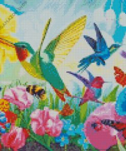 Butterflies And Hummingbirds On Flowers Diamond Painting