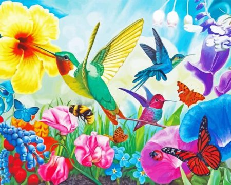 Butterflies And Hummingbirds On Flowers Diamond Painting