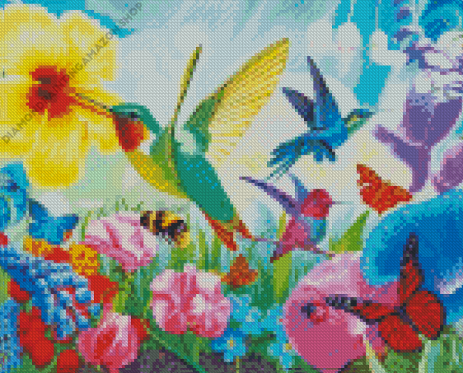 Butterflies And Hummingbirds On Flowers Diamond Painting