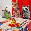 Cat And Racoon Sitting At The Dinner Table Diamond Painting