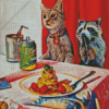 Cat And Racoon Sitting At The Dinner Table Diamond Painting