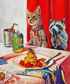 Cat And Racoon Sitting At The Dinner Table Diamond Painting