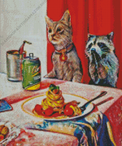 Cat And Racoon Sitting At The Dinner Table Diamond Painting