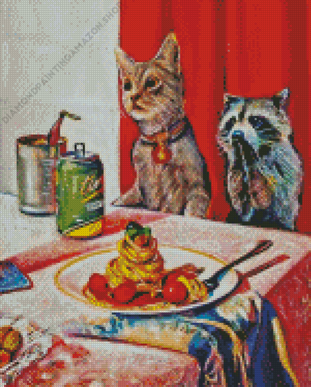 Cat And Racoon Sitting At The Dinner Table Diamond Painting