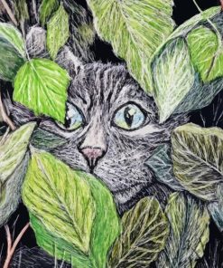 Cat Behind Leaves Art Diamond Painting