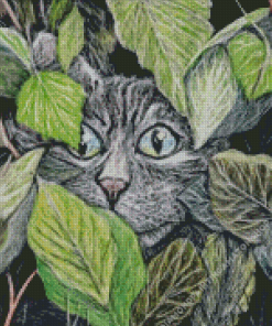 Cat Behind Leaves Art Diamond Painting