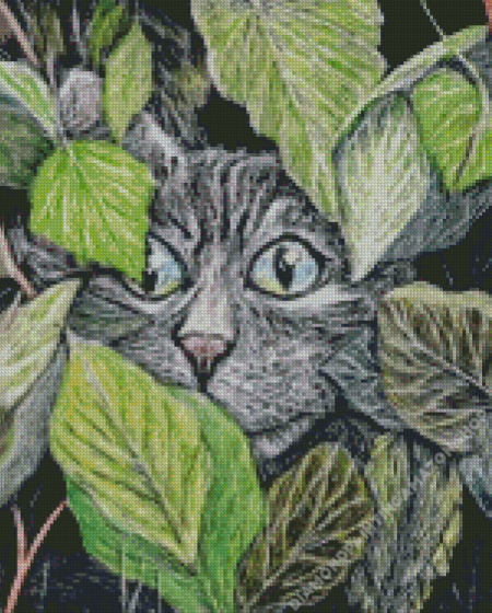 Cat Behind Leaves Art Diamond Painting