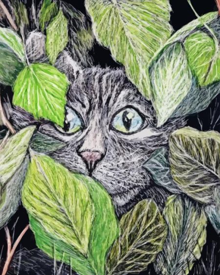 Cat Behind Leaves Art Diamond Painting
