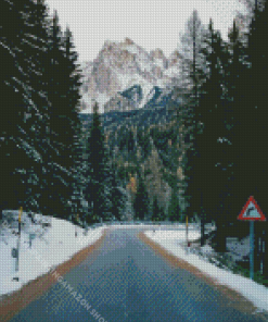 Forest Road To A Mountain In Winter Diamond Painting