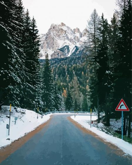 Forest Road To A Mountain In Winter Diamond Painting