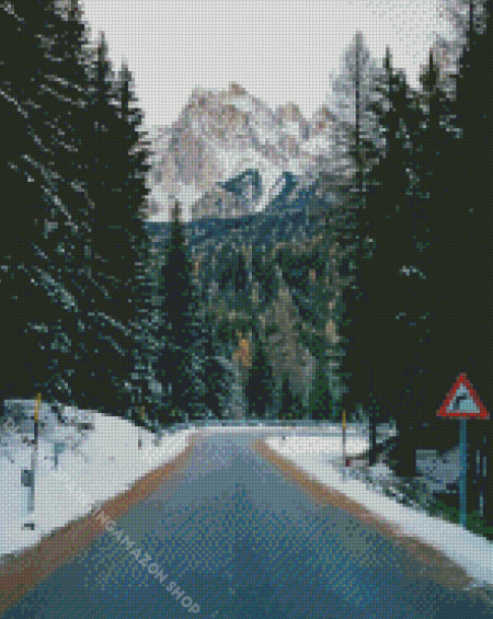 Forest Road To A Mountain In Winter Diamond Painting