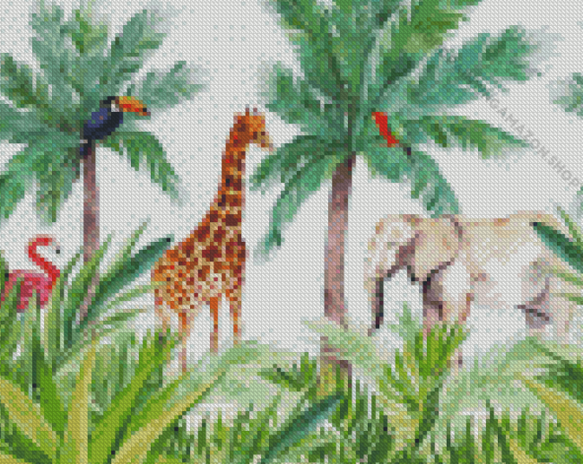 Rainforest Palm Trees And Animals Diamond Painting