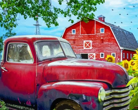 Red Barn And Truck Diamond Painting