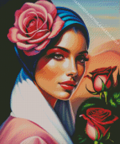 Pink Roses Woman Diamond Painting