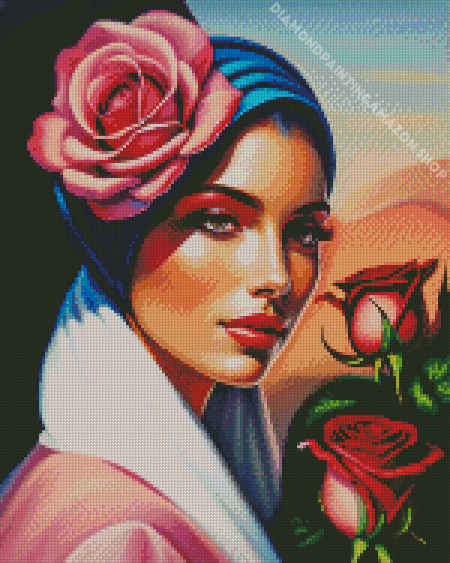 Pink Roses Woman Diamond Painting