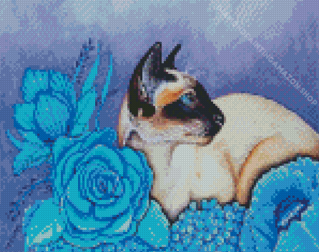 Siamese And Blue Flowers Diamond Painting