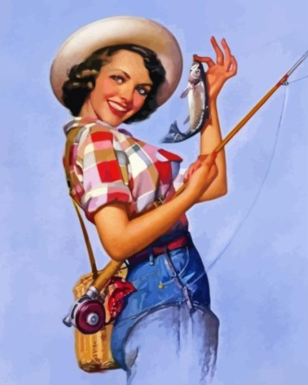 Vintage Fishing Girl Diamond Painting