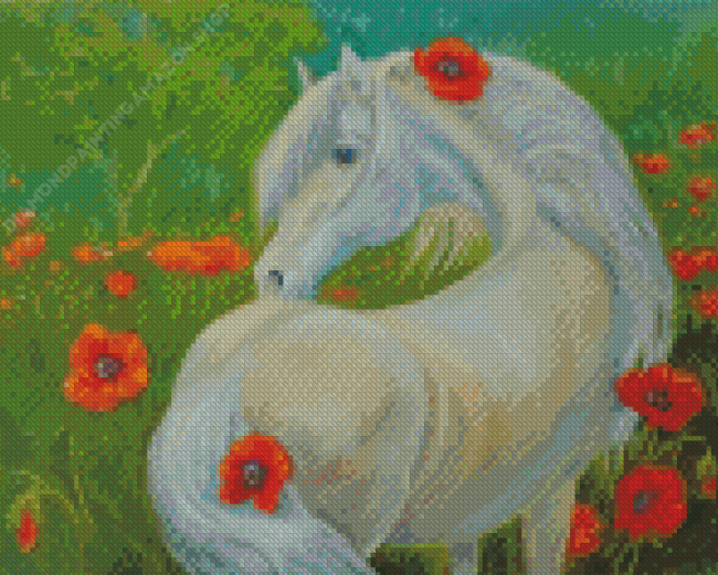 White Horse With Flowers Diamond Painting