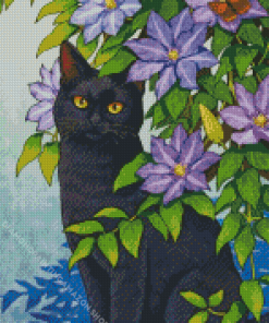 Aesthetic Black Cat And Flowers Diamond Painting