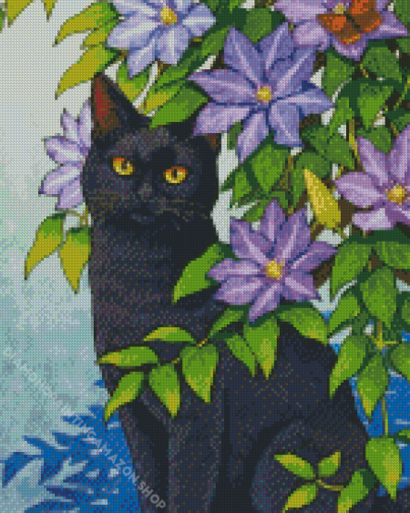 Aesthetic Black Cat And Flowers Diamond Painting