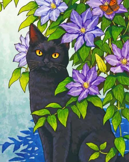 Aesthetic Black Cat And Flowers Diamond Painting