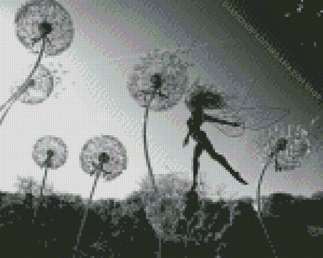 Black And White Fairies And Dandelions Diamond Painting