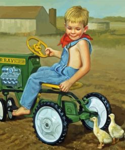 Boy On Tractor And Ducks Art Diamond Painting