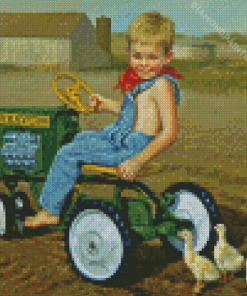 Boy On Tractor And Ducks Art Diamond Painting