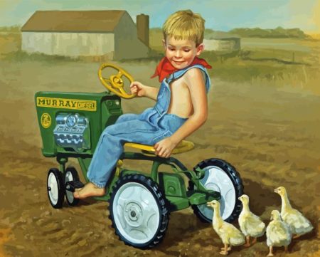Boy On Tractor And Ducks Art Diamond Painting