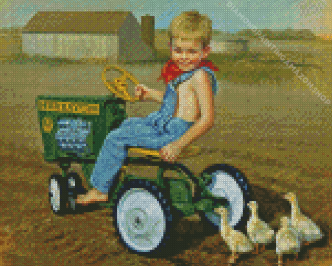 Boy On Tractor And Ducks Art Diamond Painting