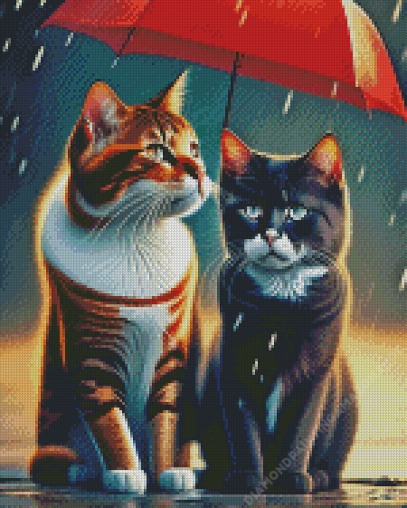 Cats And Red Umbrella Diamond Painting