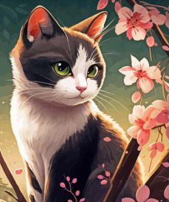 Cat And Cherry Blossoms Diamond Painting