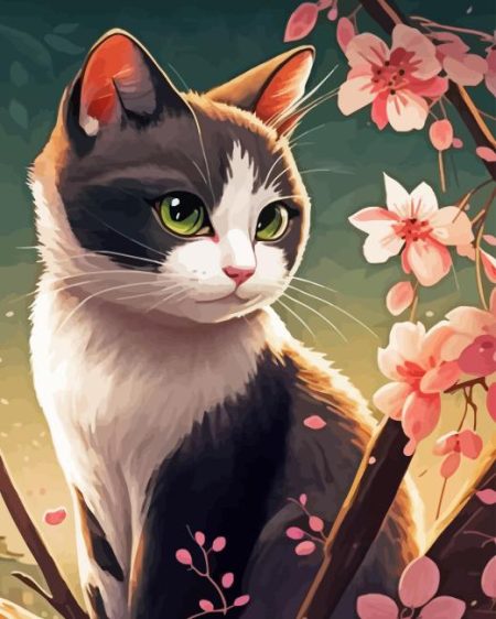 Cat And Cherry Blossoms Diamond Painting