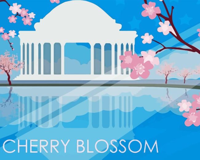 Illustration Cherry Blossoms Washington Diamond Painting