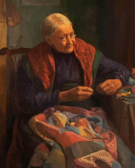 Old Woman Knitting Diamond Painting
