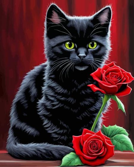 Black Cat And Rose Diamond Painting