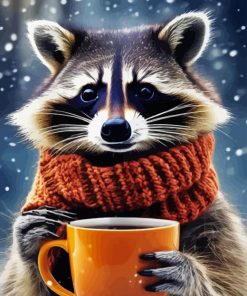 Raccoon With Coffee Diamond Painting