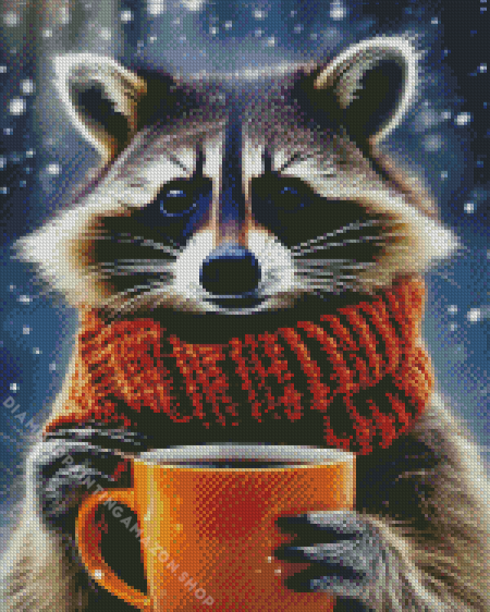 Raccoon With Coffee Diamond Painting