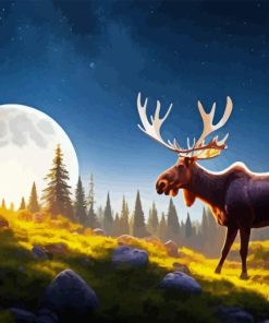 Wild Moose And Moon Diamond Painting