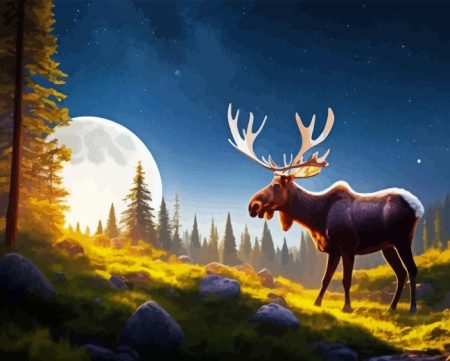 Wild Moose And Moon Diamond Painting