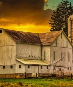 Barn With Silo At Sunset Diamond Painting