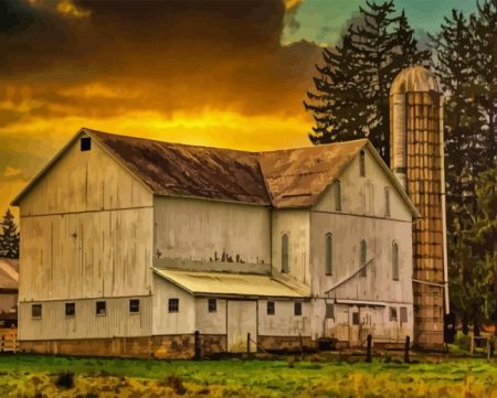 Barn With Silo At Sunset Diamond Painting