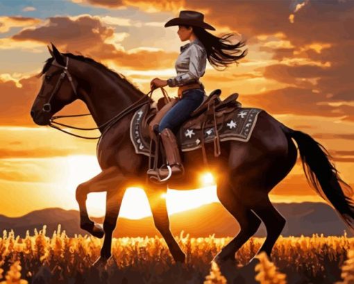 Cowgirl On Horse At Sunset Diamond Painting