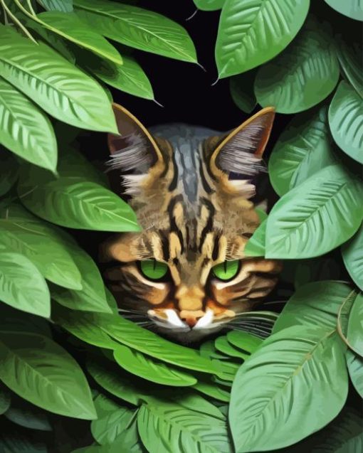 Cat Behind Leaves Diamond Painting