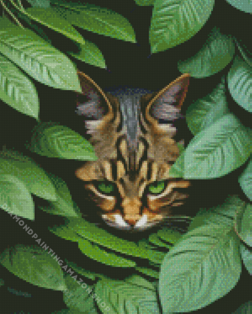 Cat Behind Leaves Diamond Painting