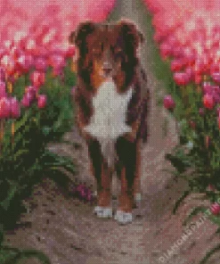 Dog In Tulips Field Diamond Painting